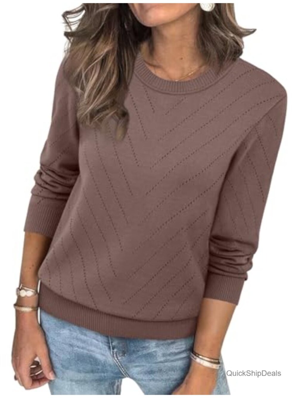Sampeel Womens Crew Neck Long Sleeve Sweater Eyelet Knit Soft Pullover